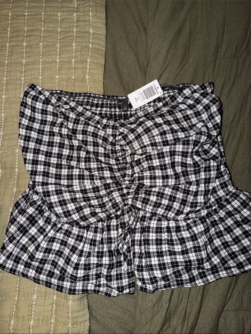 Black & White Plaid Strapless Ruched Tank Top